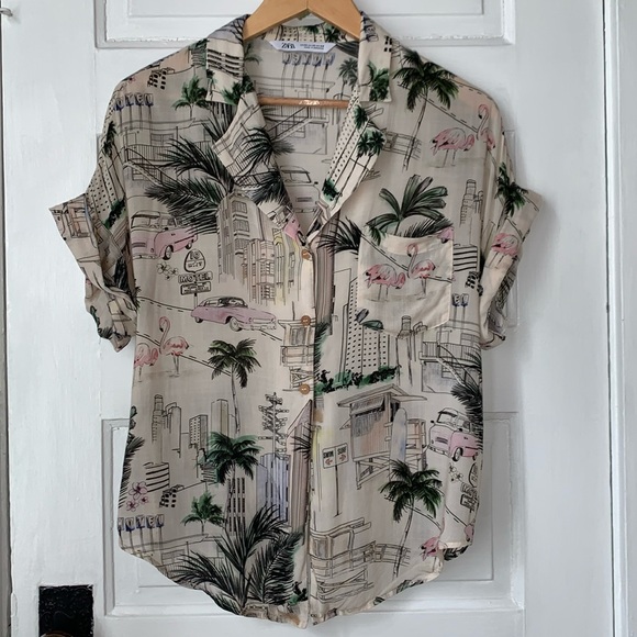 ZARA HAWAIIAN STYLE BUTTON DOWN SHORT SLEEVE TOP - Picture 2 of 11
